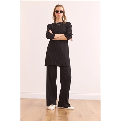 Olalook Kadın Siyah Üst Yırtmaçlı Bluz Alt Palazzo Fitilli Takım TKM-19000180