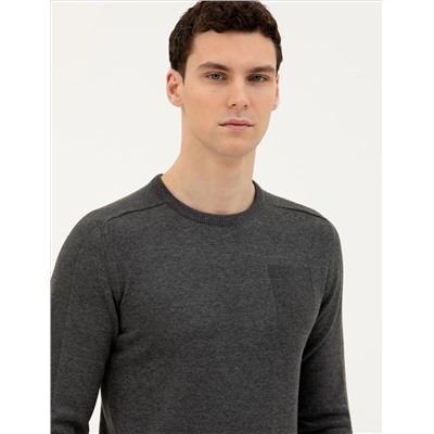 Koyu Gri Slim Fit Bisiklet Yaka Triko Kazak