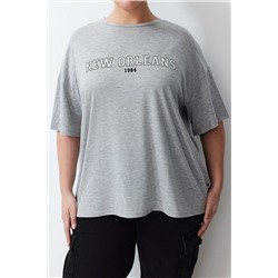 Gri Melanj Baskılı Oversize %100 Pamuk Örme T-shirt TBBSS24BF00020