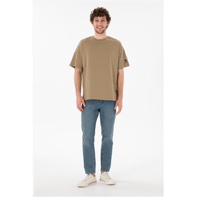Erkek Oversize Fit Bisiklet Yaka Haki Tişört