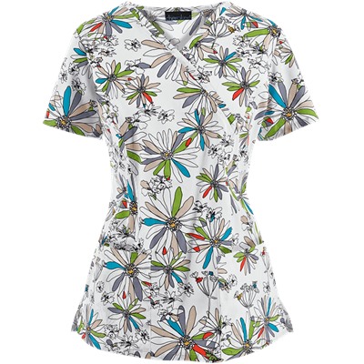 Cherokee Scrubs Mosaic Meadow Print Top