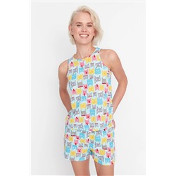 TRENDYOLMİLLA Mavi Kedi Baskılı Atlet-Şort Örme Pijama Takımı THMSS23PT00002