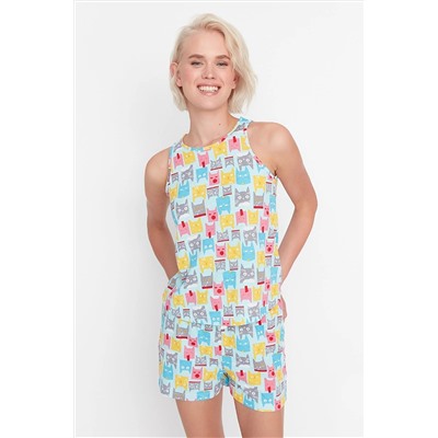 TRENDYOLMİLLA Mavi Kedi Baskılı Atlet-Şort Örme Pijama Takımı THMSS23PT00002