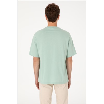 Erkek Oversize Fit Bisiklet Yaka Su Yeşili Tişört