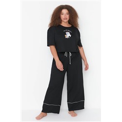 Trendyol Curve Siyah Baskılı Wide Leg Crop Boy Örme Pijama Takımı TBBAW23AI00040