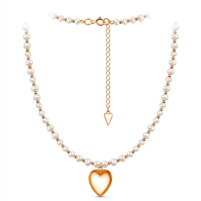 Колье из золочёного серебра с пресноводным культивированным жемчугом - Сердце, 39 (+5) см 241-20-211-39з