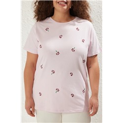 Pembe Boyfriend Çiçek Nakış Detaylı %100 Pamuk Örme Büyük Beden T-shirt TBBSS24BF00029