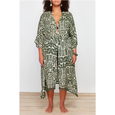 Çok Renkli Etek Ucu Püsküllü Yarasa Kol Viskon Plaj Giyim Büyük Beden Kimono&Kaftan TBBSS24DE00005