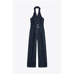 HALTER NECK JUMPSUIT WITH LINEN BLEND BELT
