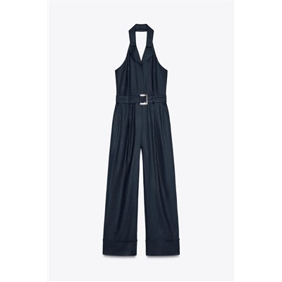 HALTER NECK JUMPSUIT WITH LINEN BLEND BELT