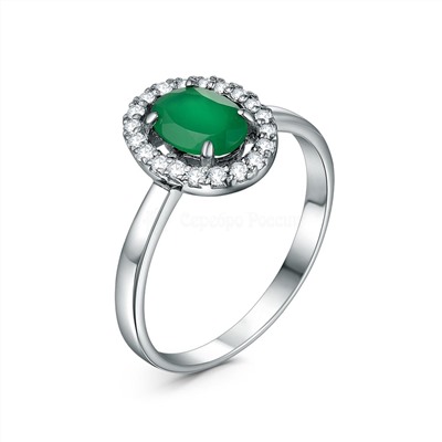 Кольцо из серебра с зелёным агатом и фианитами родированное 10156р459