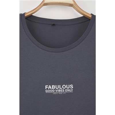 Antrasit Oversize Fit %100 Pamuk Ön ve Arka Baskılı Örme Büyük Beden T-Shirt TBBSS25BF00002