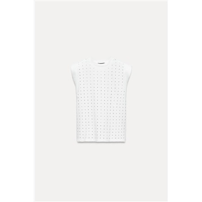 T-SHIRT WITH PADDED SHOULDERS AND RHINESTONES