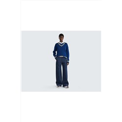 United Colors of Benetton Kadın Indigo Çizgili V Yaka Bol Kesim Kazak 123P1298E4013-2G6