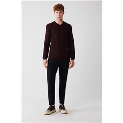 Bordo V Yaka Tüylenme Yapmayan Regular Fit Standart Kesim Triko Kazak