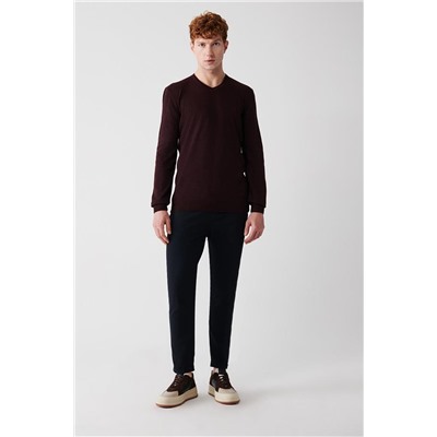 Bordo V Yaka Tüylenme Yapmayan Regular Fit Standart Kesim Triko Kazak