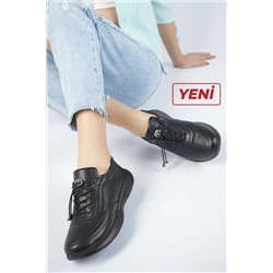 Deripabuc Hakiki Deri Siyah Siyah Kadın Deri Sneaker Spor Ayakkabı Dp71-0111 DP71-0111