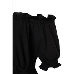 Siyah Dokuma Büzgülü Carmen Yaka Elbise TBBSS22EL1633