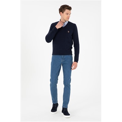 Erkek Slim Fit V Yaka Lacivert Basic Kazak