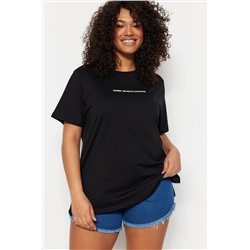 Siyah Boyfriend Fit Slogan Baskılı Bisiklet Yaka %100 Pamuk Örme Büyük Beden T-Shirt TBBSS23BF00022