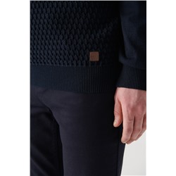 Lacivert Tam Balıkçı Yaka Önü Dokulu Pamuklu Triko Kazak