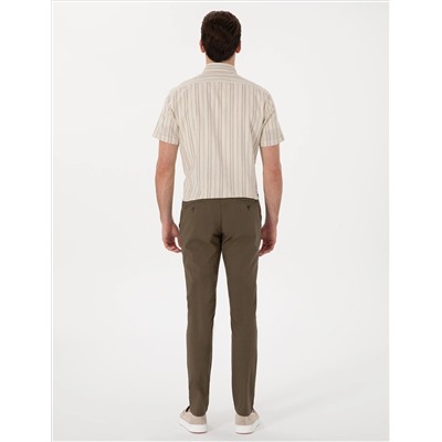 Haki Slim Fit Keten Görünümlü Kanvas Pantolon