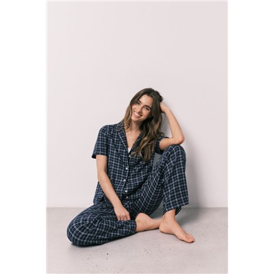Pijama camisero algodón azul estampado cuadros