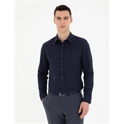 Lacivert Slim Fit Armürlü Uzun Kollu Gömlek