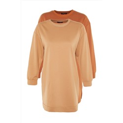 TRENDYOL MODEST Kiremit 2'li Paket Bisiklet Yaka Basic Örme Sweatshirt TCTAW22TW0152
