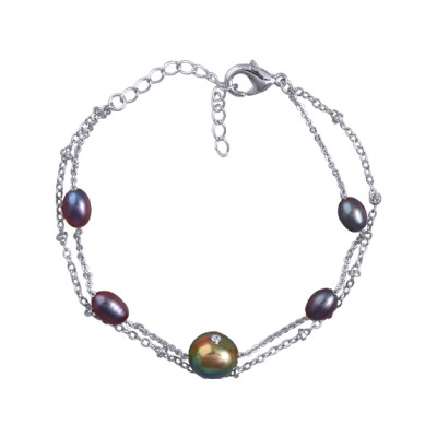 Браслет (жемчуг 7-11мм бензиновый; покрытие родий) 16-20см, Есть комплект