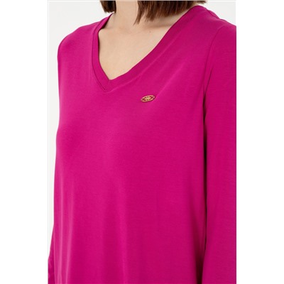 Kadın Fuşya V Yaka Sweatshirt