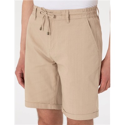 Bej Slim Fit Beli Lastikli Bağcıklı Dokuma Şort