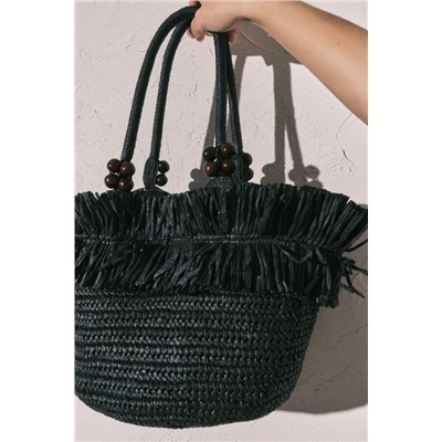 Bolso mediano rafia flecos negro