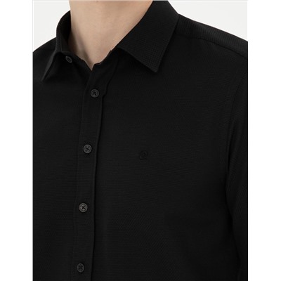 Siyah Slim Fit Armürlü Uzun Kollu Gömlek