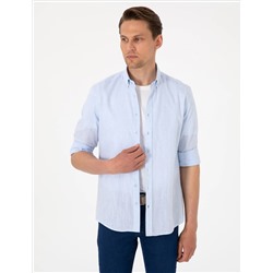 Açık Mavi Keten Görünümlü Slim Fit Uzun Kollu Gömlek