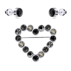 Комплект Сердце (кристаллы SW черные, микс 6мм; покрытие родий), Есть комплект