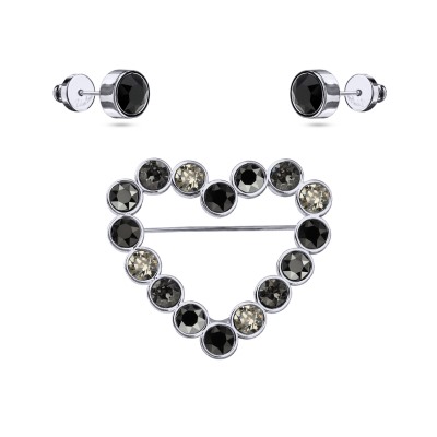 Комплект Сердце (кристаллы SW черные, микс 6мм; покрытие родий), Есть комплект