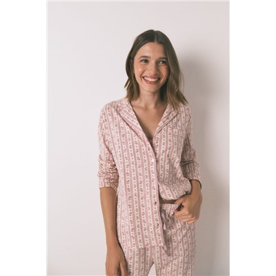 Pijama camisero largo 100% algodón flores rosa