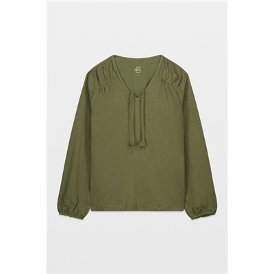 Camiseta manga larga algodón frunce verde