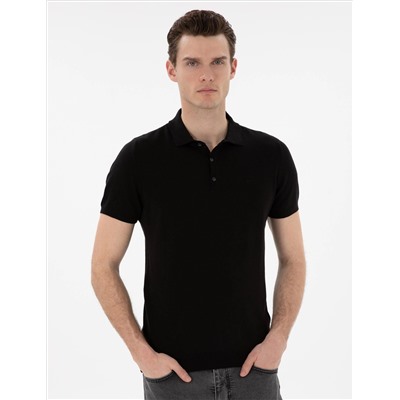 Siyah Slim Fit Düğmeli Polo Yaka Triko Tişört