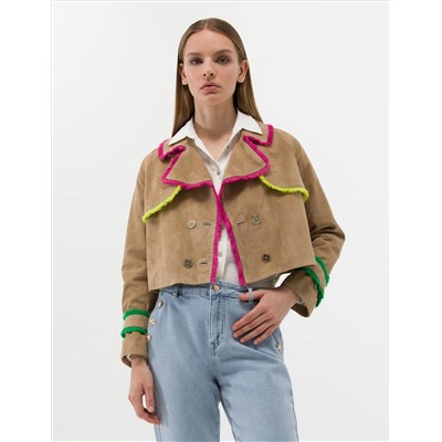 Krem Crop Top Deri Ceket