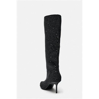 RHINESTONE DENIM HIGH-HEEL BOOTS