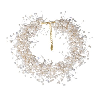 Колье Грозди (жемчуг белый 3-7мм, SW белые хамелеон; покрытие золото) 37-42см, Есть комплект