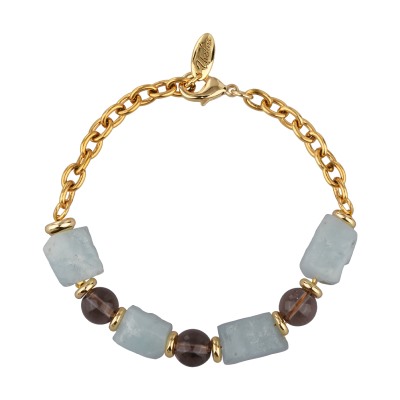 Браслет Терра (аквамарин, раухтопаз 8мм; покрытие золото) 17-22см, Есть комплект