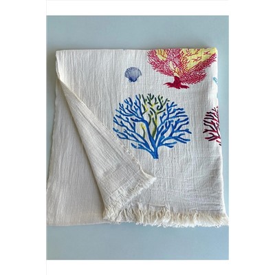 fildastore Deniz Yaşamı Motifi Desenli  %100 Organik Pamuk, Naturel,Müslin,Peştemal, Plaj Havlusu, Pareo