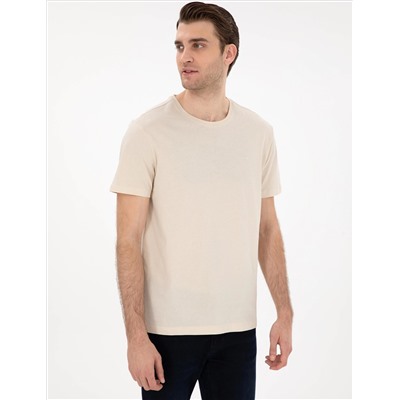 Bej %100 Pamuk Slim Fit Bisiklet Yaka Basic Tişört