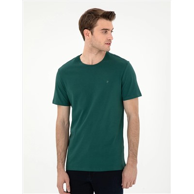 Koyu Yeşil %100 Pamuk Slim Fit Bisiklet Yaka Basic Tişört