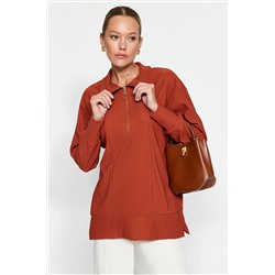 TRENDYOL MODEST Kiremit Fermuar Detaylı Örme Sweatshirt TCTAW24TW00026