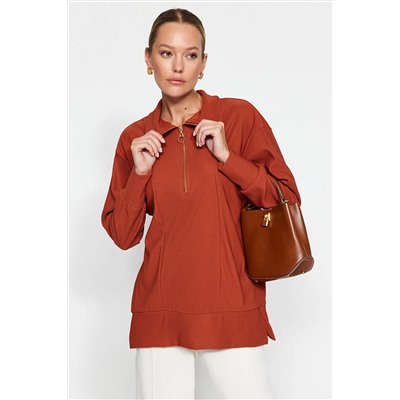 TRENDYOL MODEST Kiremit Fermuar Detaylı Örme Sweatshirt TCTAW24TW00026