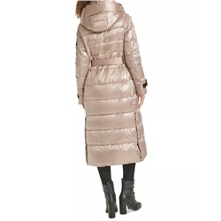 KARL LAGERFELD PARIS Karl Lagerfeld Womens Shine Hooded Belted Puffer Coat